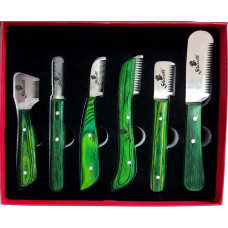 SE-6670 Professional Pet Grooming 6 Stripping Knives Set Green Wood Handle